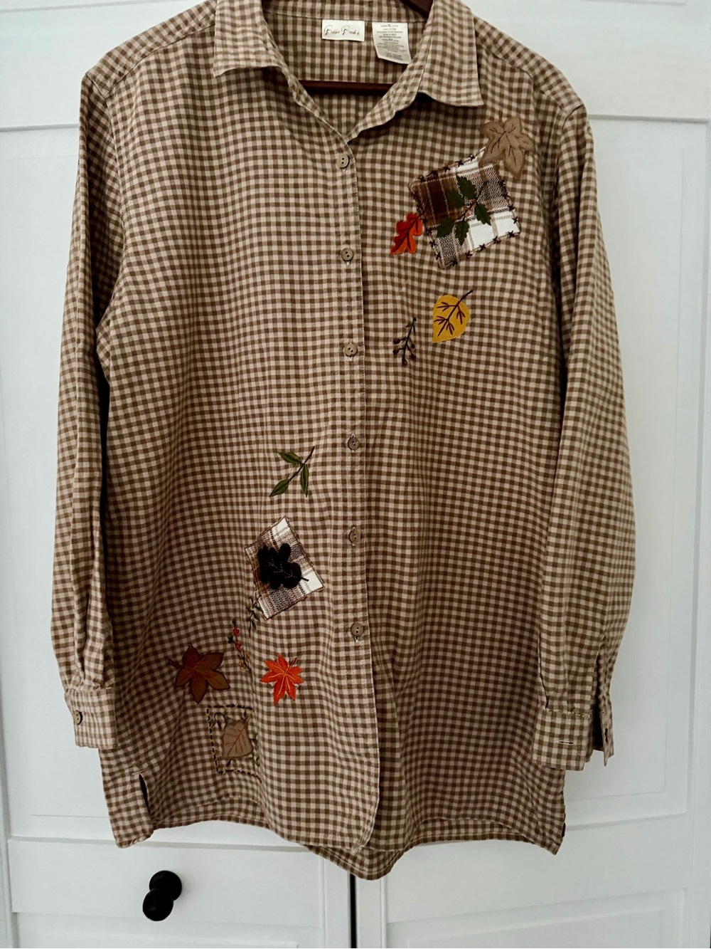 Bobbie Brooks Brown Plaid Button-Down Shirt with Fall Patch Applique